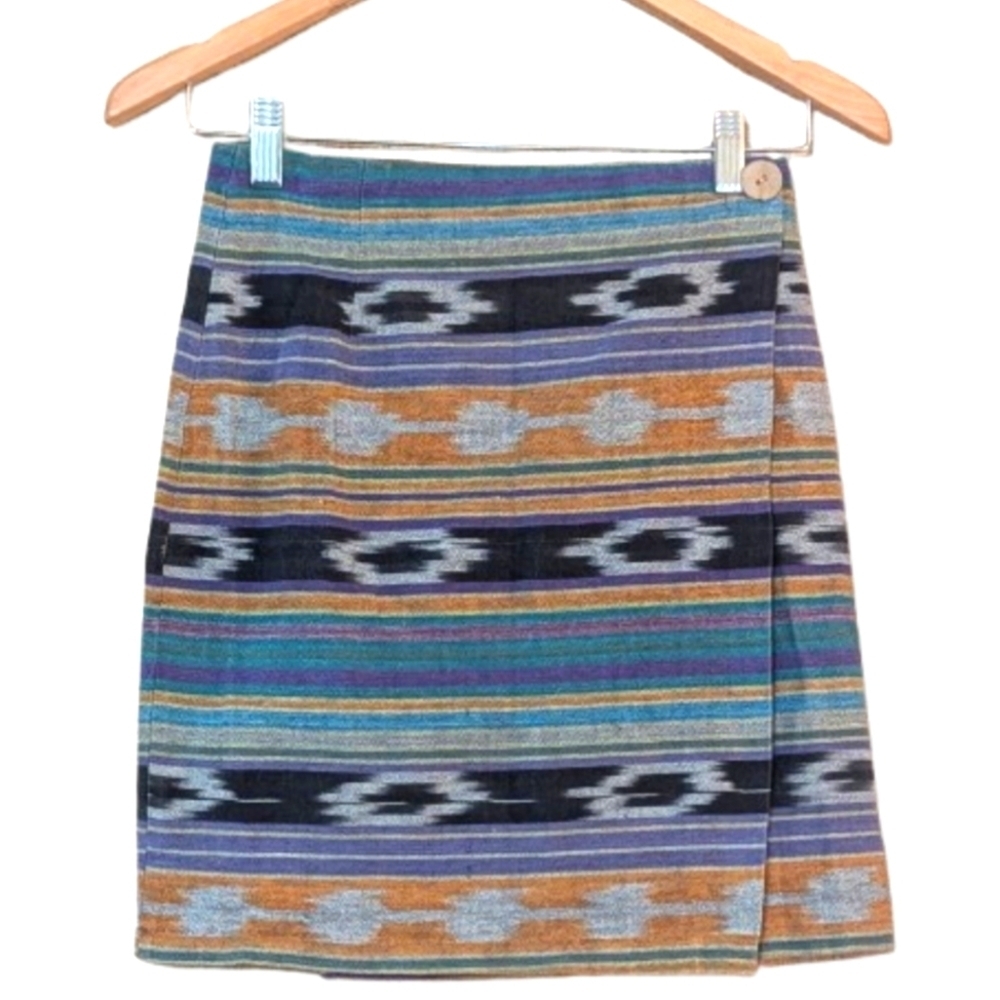 Vintage Tracy Evans Aztec Multi BlueGreen Wrap Pencil Skirt 90s
